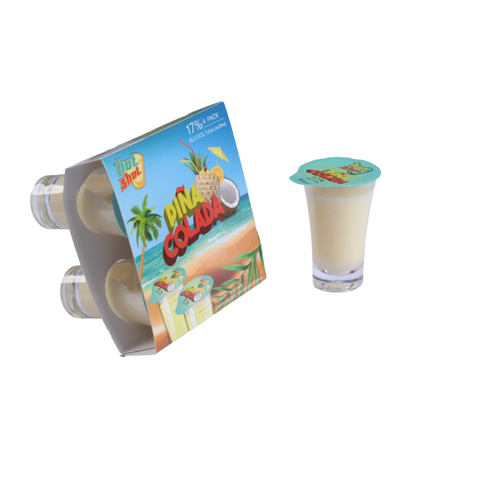 Pina Colada drink packaging with a glass on a white background Pina Colada ready to drink alcohol shots