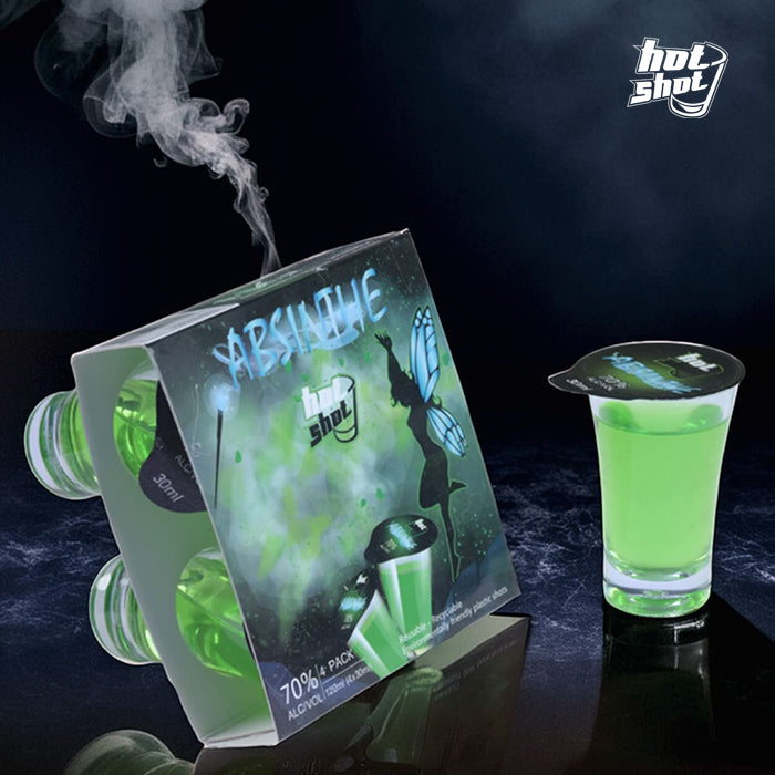 Green absinthe shot glass with 'Hot Shot' - Absinthe hotshot - ready to drink alcohol shots