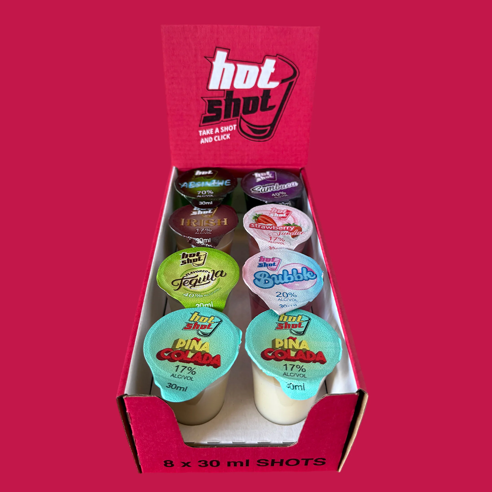 Display of 'Hot Shot' alcohol shots- mixed flavours hotshot - ready to drink alcohol shots